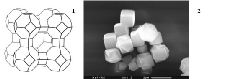 Цеолит NaA (структура типа LTA, размер пор 0,41 нм): 1- структура, 2- кристаллы 